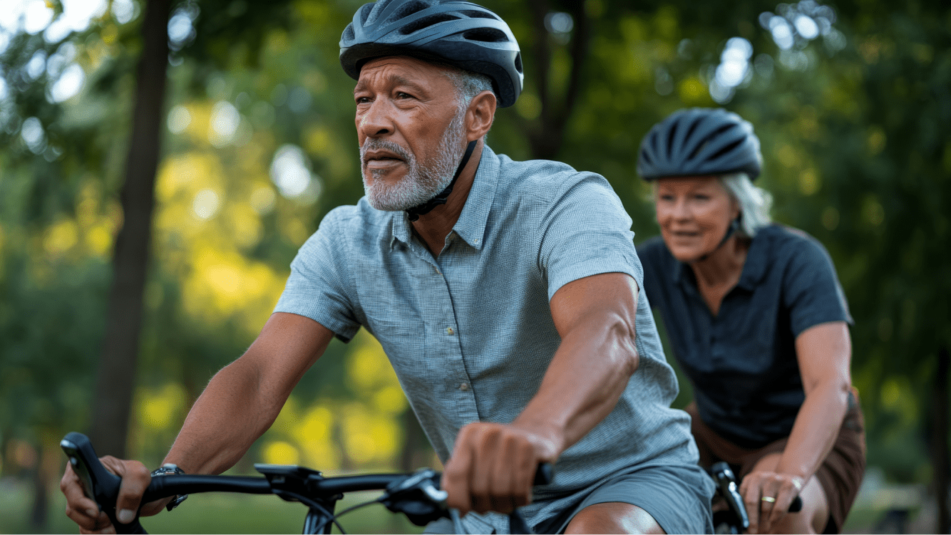 An older man and woman wearing helmets while riding bicycles through a park