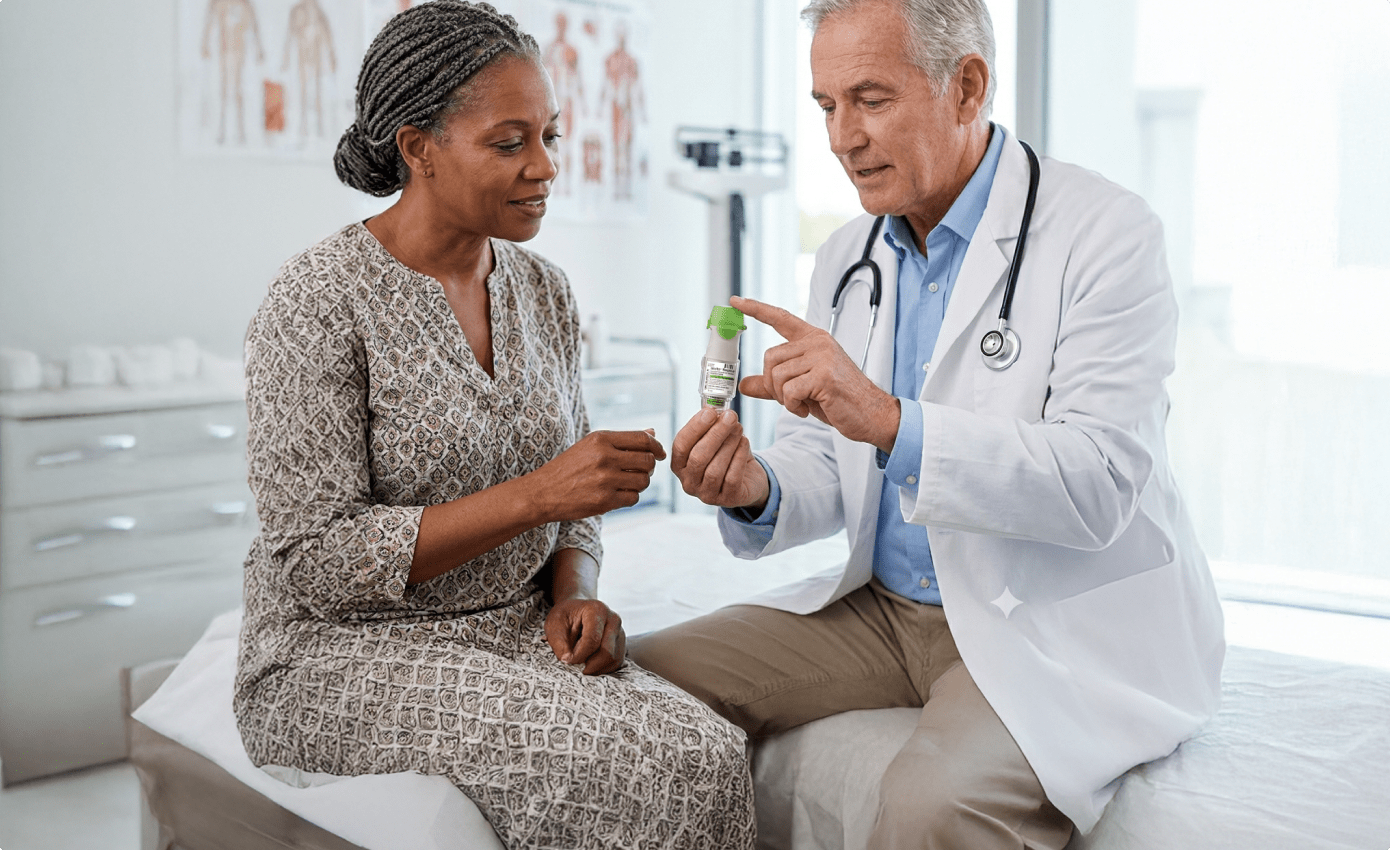 Doctor showing the stiolto respimat inhaler to a patient