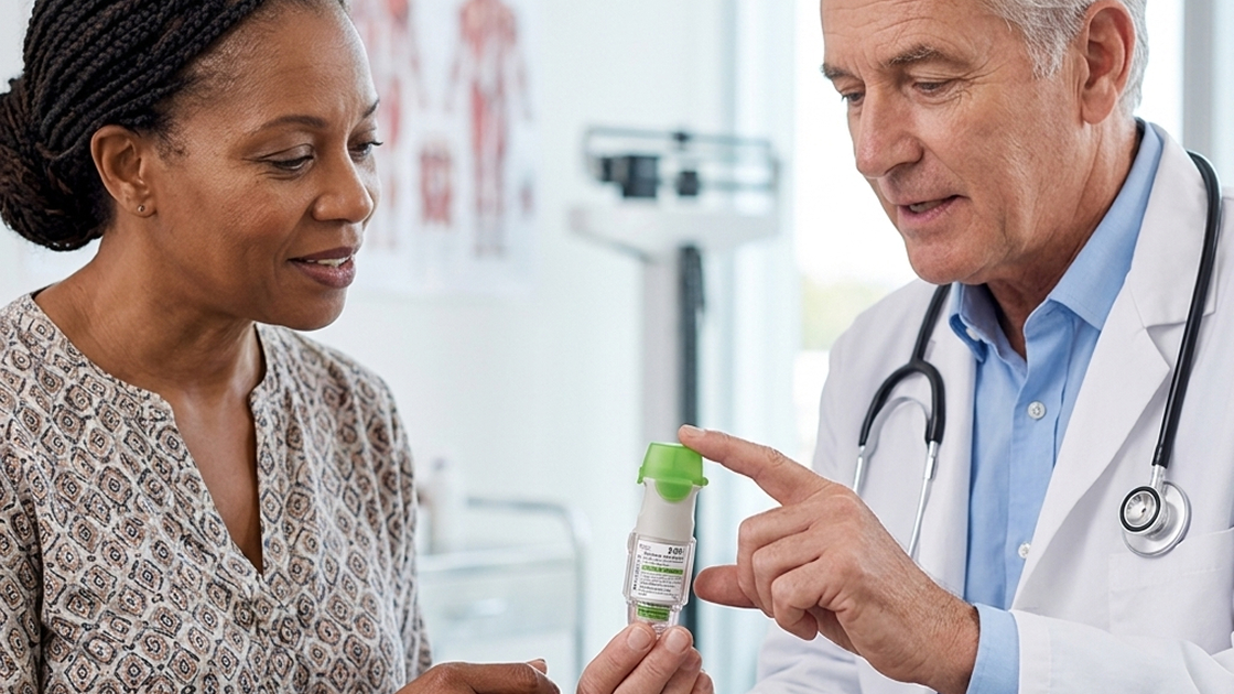 Doctor showing the stiolto respimat inhaler to a patient