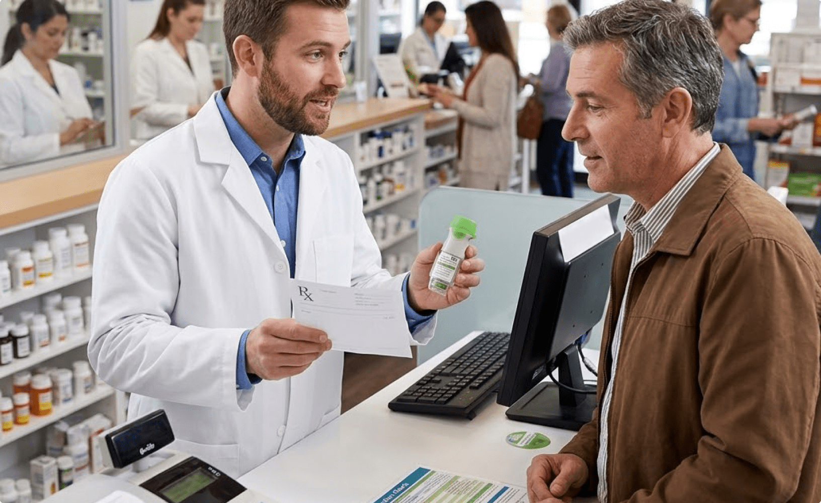 Pharmacist selling the Stiolto Respimat inhaler spray to a patient