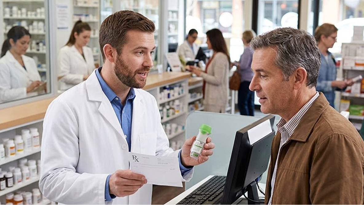 Pharmacist selling the Stiolto Respimat inhaler spray to a patient