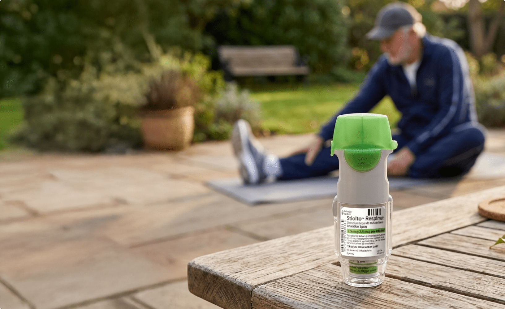 Stiolto Respimat inhaler with an older man stretching in the background