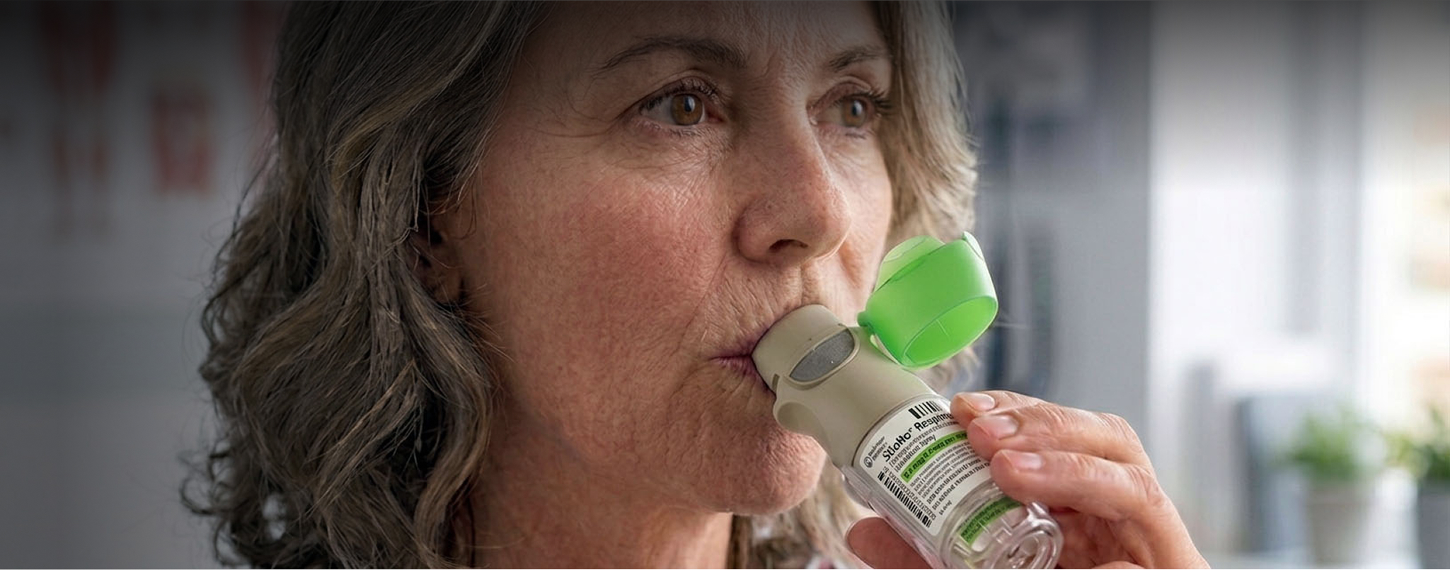 Woman using Stiolto's respimat inhaler spray