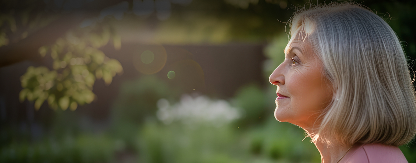Profile view of a senior woman looking into a sun-dappled garden.