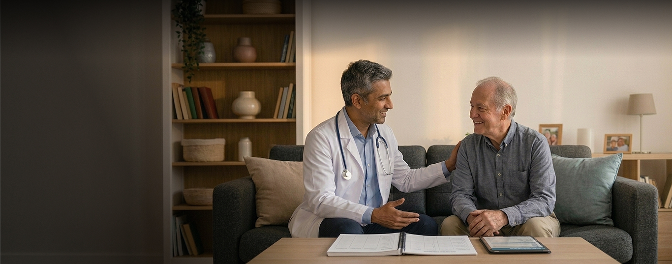 A smiling healthcare professional talking to a senior patient on a sofa