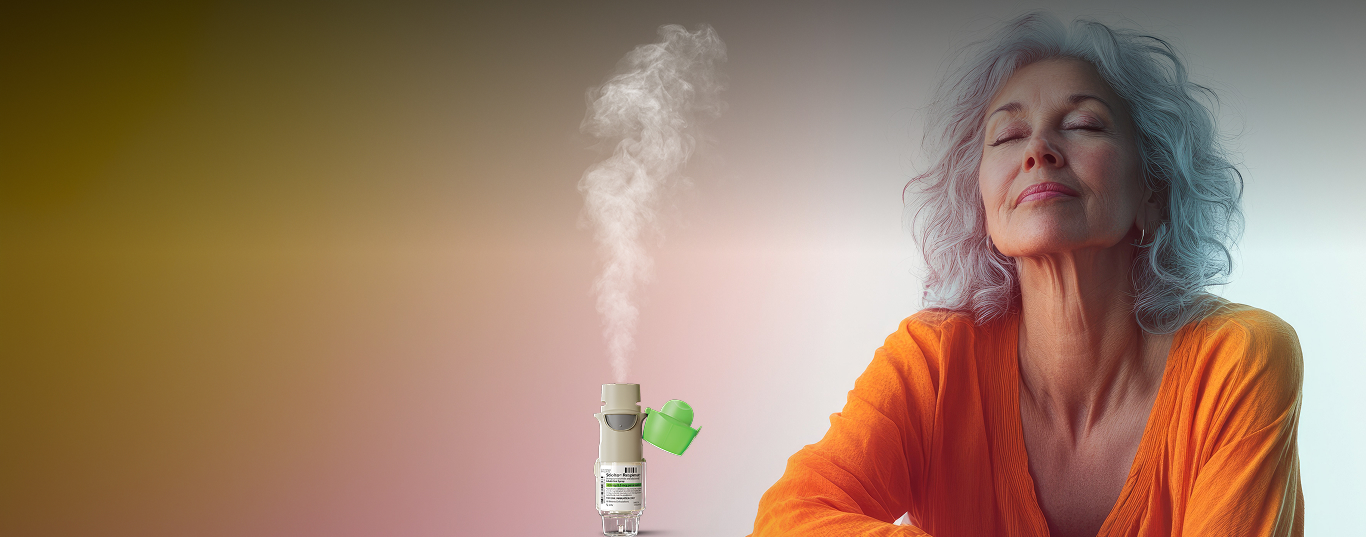 Senior woman sitting peacefully next to a Stiolto Respimat inhaler releasing a mist plume